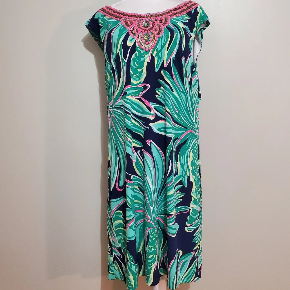 Lilly Pulitzer Bristol navy green Tiger Palm beaded sleeveless sheath dress XL - Picture 3 of 13